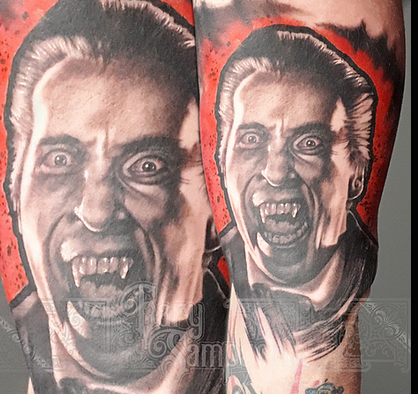 Gary Sampson Tattoo Services Perth – detailed custom monochrome nick cage Dracula with red glow